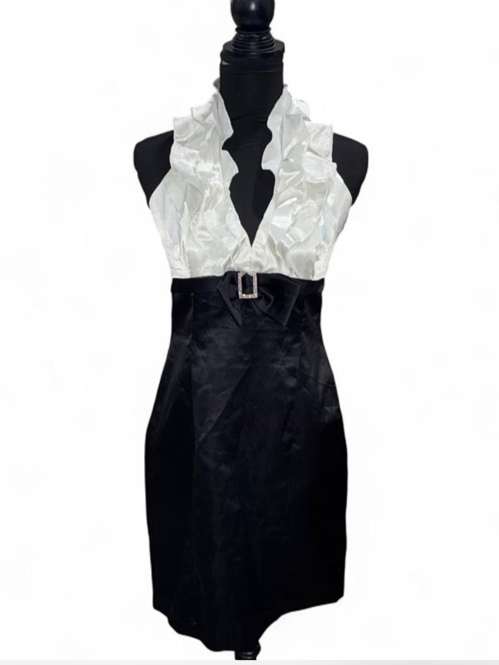 Vintage Roberta Black and White One-Shoulder Ruffle Halter Dress